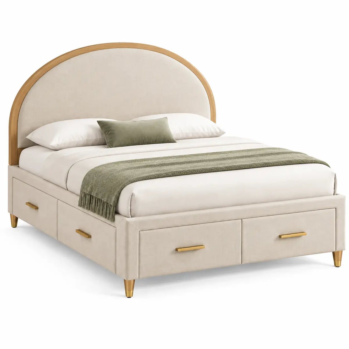 Estructura de cama con cabecero con formas arqueadas y cajones, blanco, marrón y verde - hewnandharmonious