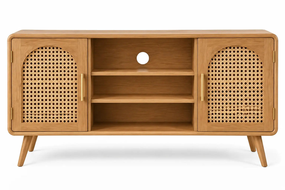 Mueble bajo para televisión con formas arqueadas y detalles de entramado, marrón - hewnandharmonious