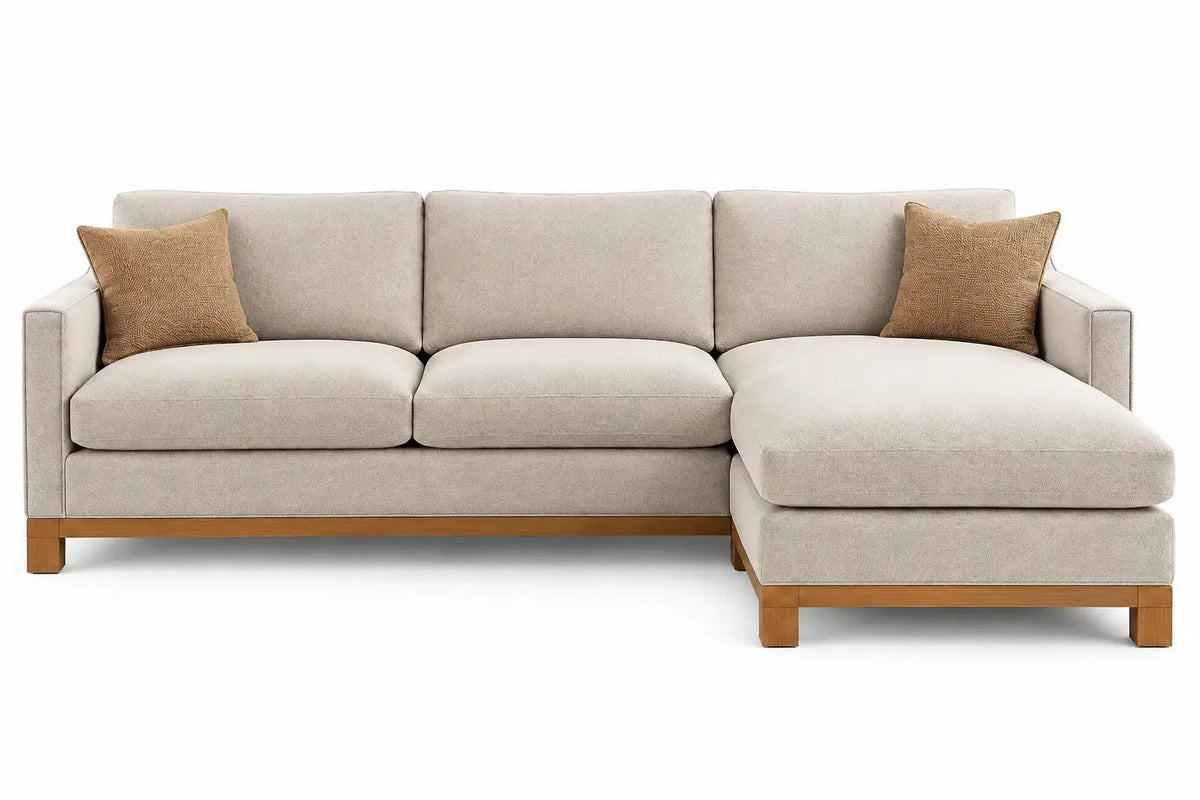 Sofá esquinero tapizado con patas elevadas, beige y marrón - hewnandharmonious