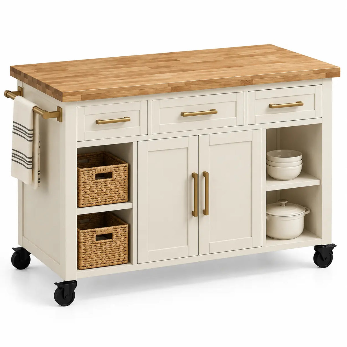 Mueble auxiliar de cocina con ruedas con cajones y estantes, blanco y marrón - hewnandharmonious