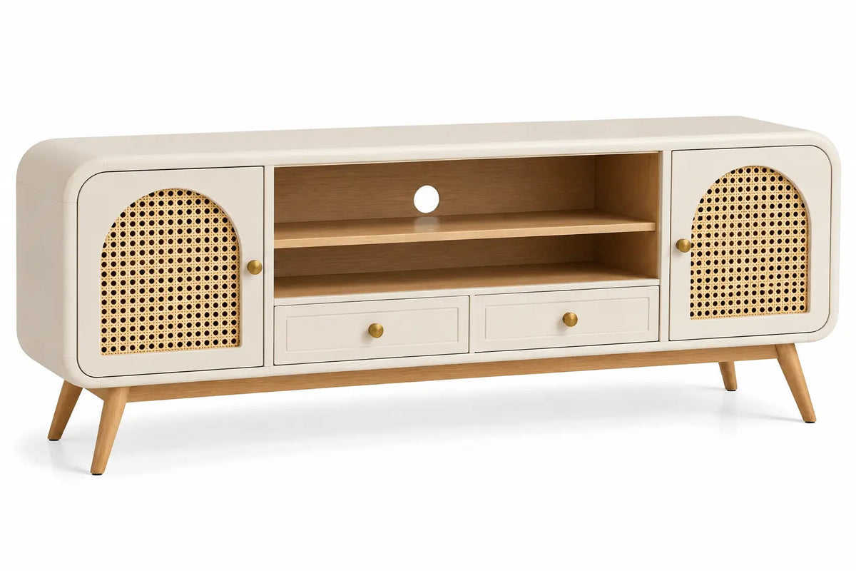 Mueble bajo para televisión con detalles de entramado y estantes, blanco y marrón - hewnandharmonious