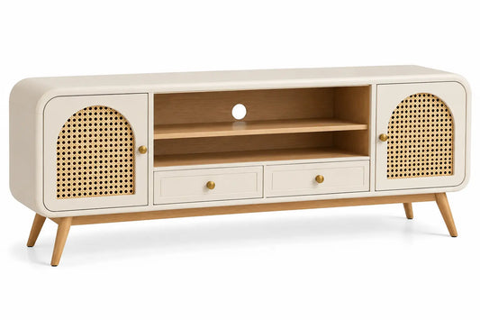 Mueble bajo para televisión con detalles de entramado y estantes, blanco y marrón - hewnandharmonious
