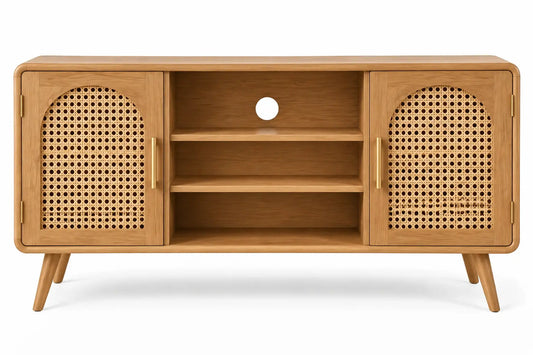 Mueble bajo para televisión con formas arqueadas y detalles de entramado, marrón - hewnandharmonious