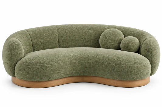 Sofá curvo tapizado de contorno redondeado, verde y marrón - hewnandharmonious