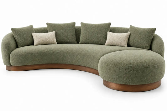 Sofá curvo tapizado de contorno redondeado, verde y marrón - hewnandharmonious