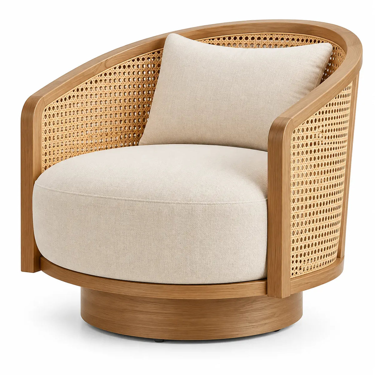 Sillón tapizado de líneas curvas con detalles de entramado, beige y marrón - hewnandharmonious