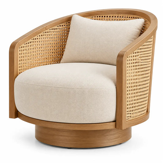 Sillón tapizado de líneas curvas con detalles de entramado, beige y marrón - hewnandharmonious